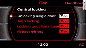 MMI display: Central locking menu