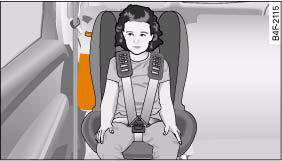 Correctly seated in a suitable child safety seat