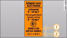 Example of an approval number on a child safety seat